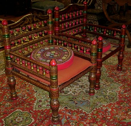 27A PAIR OF 19TH C LOW INDIAN WEDDING CHAIRS Horizontal railed spindle